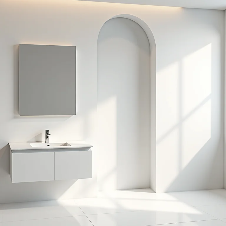 Banheiro clean com gabinete minimalista, paleta de cores branca e iluminação brilhante.