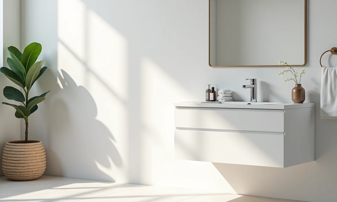 Banheiro clean e minimalista com gabinete branco 60x40.