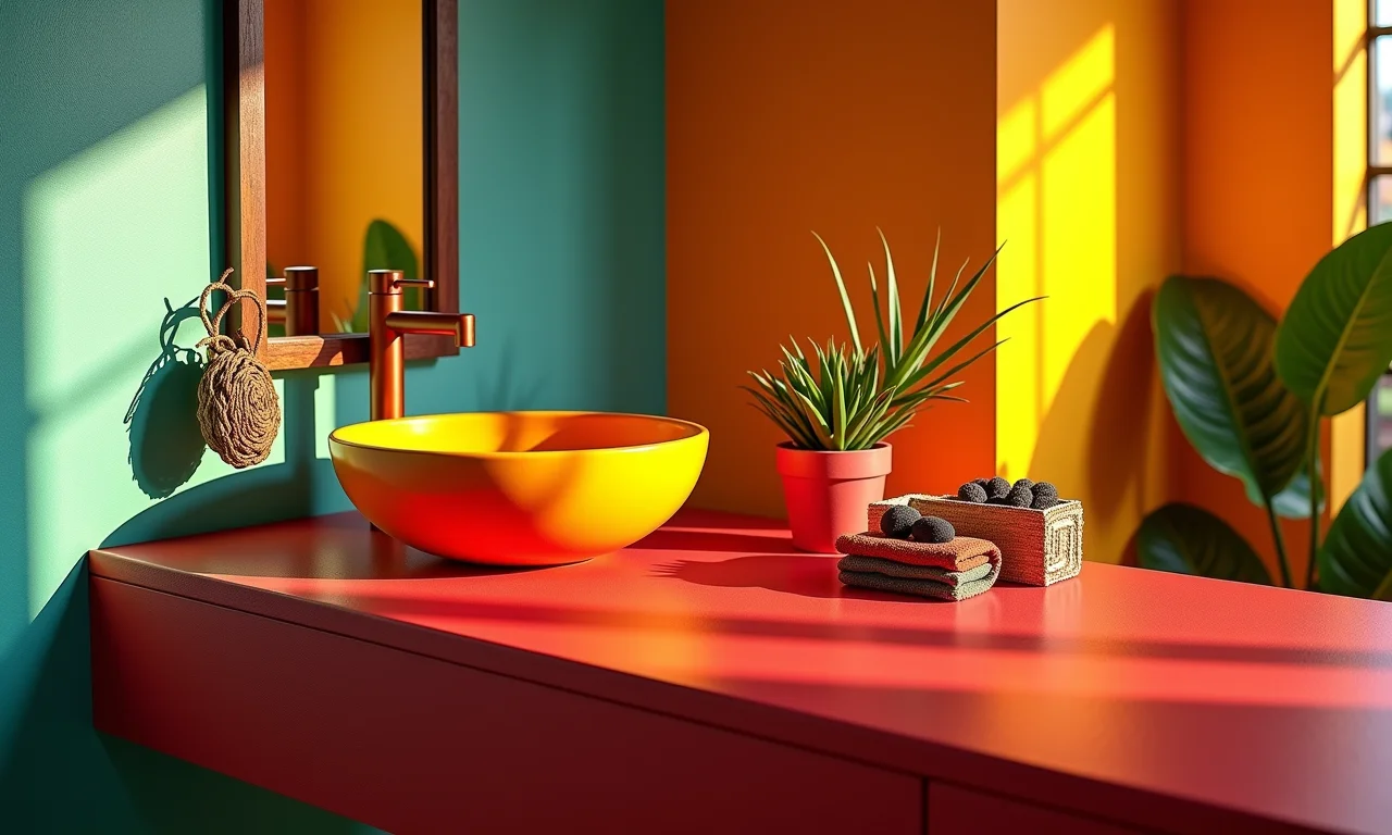 Banheiro colorido com cuba de apoio vermelha vibrante.