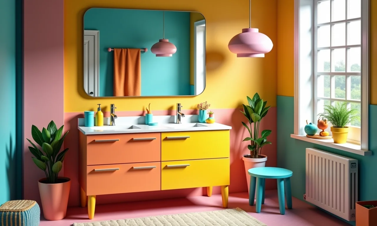 Banheiro colorido e divertido com gabinete pintado 60x40.
