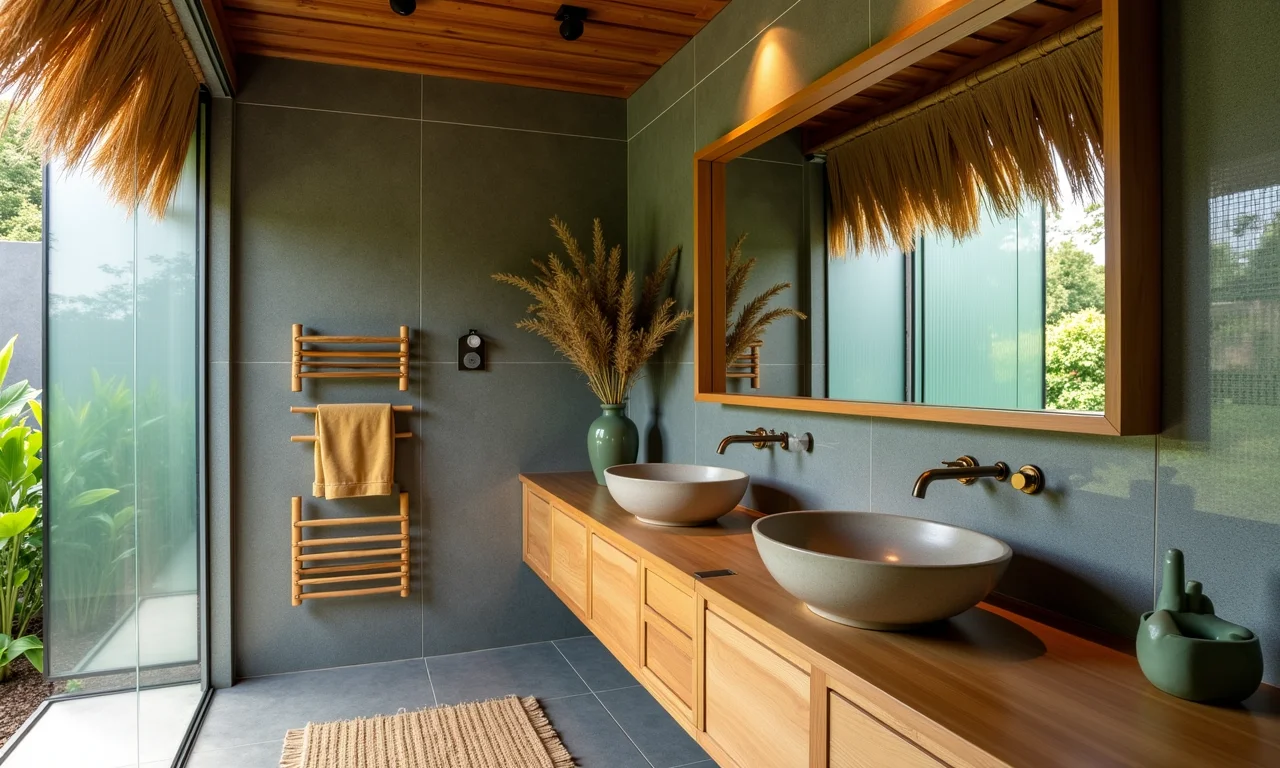 Banheiro com bancada de bambu e azulejos de vidro reciclado.