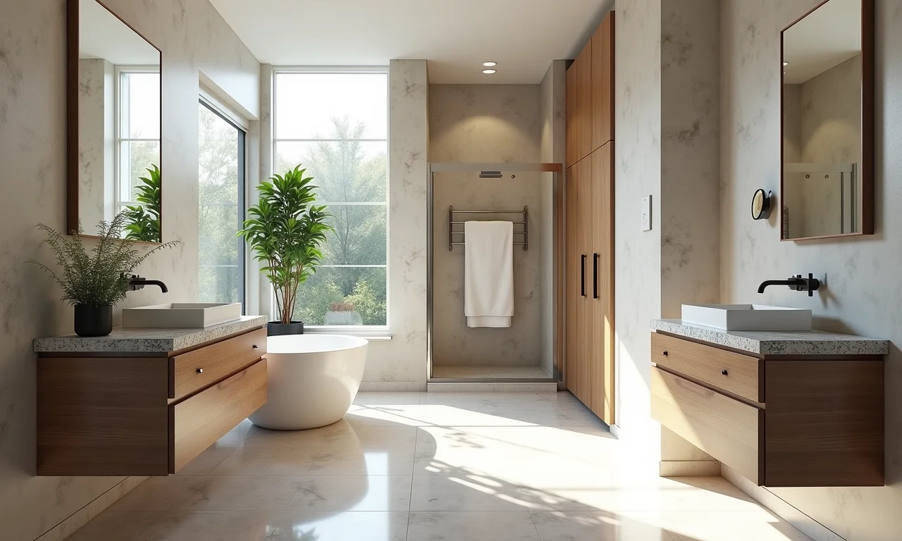 Banheiro com bancadas e piso de granito.