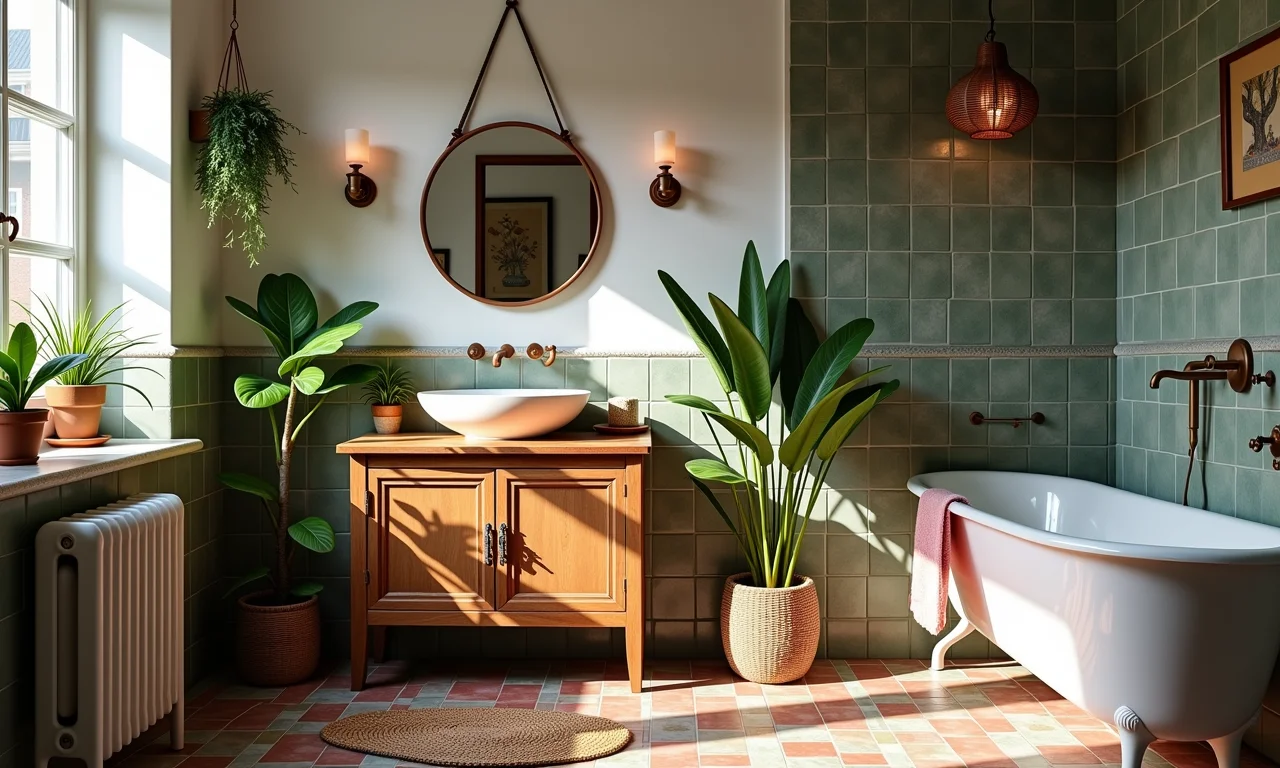 Banheiro com estilo boêmio e armário de chão vintage.