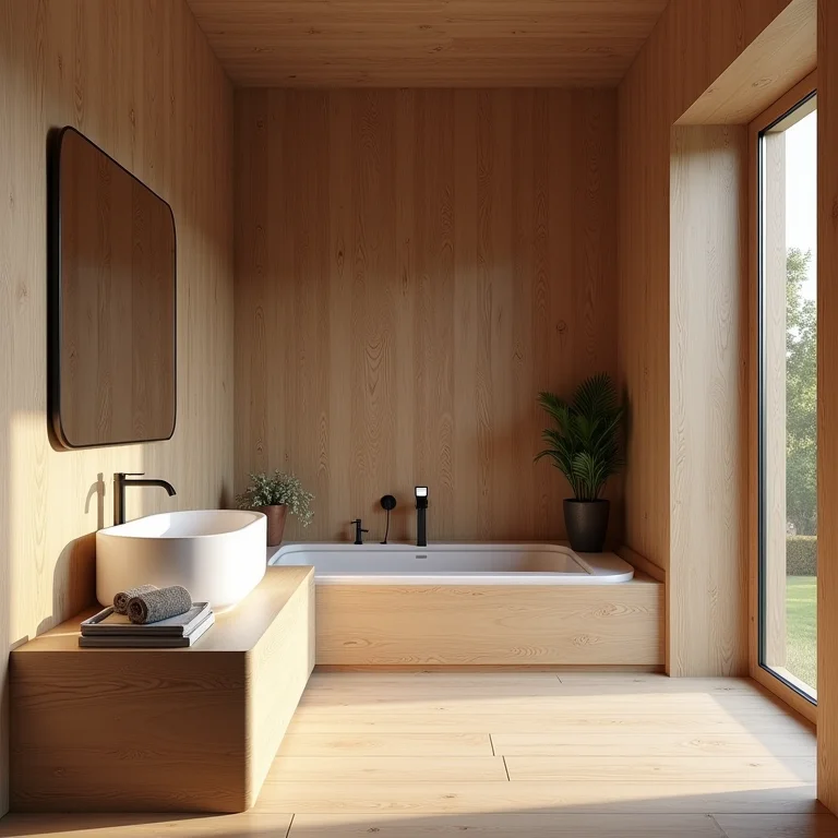 Banheiro com excesso de madeira e design sobrecarregado