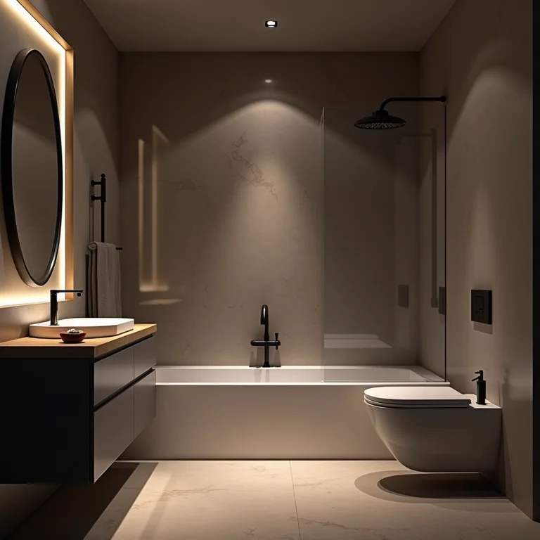 Banheiro com iluminação inadequada destacando áreas escuras