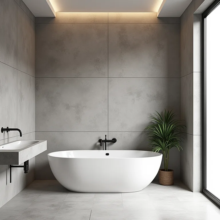 Banheiro com parede de cimento 3D em estilo industrial