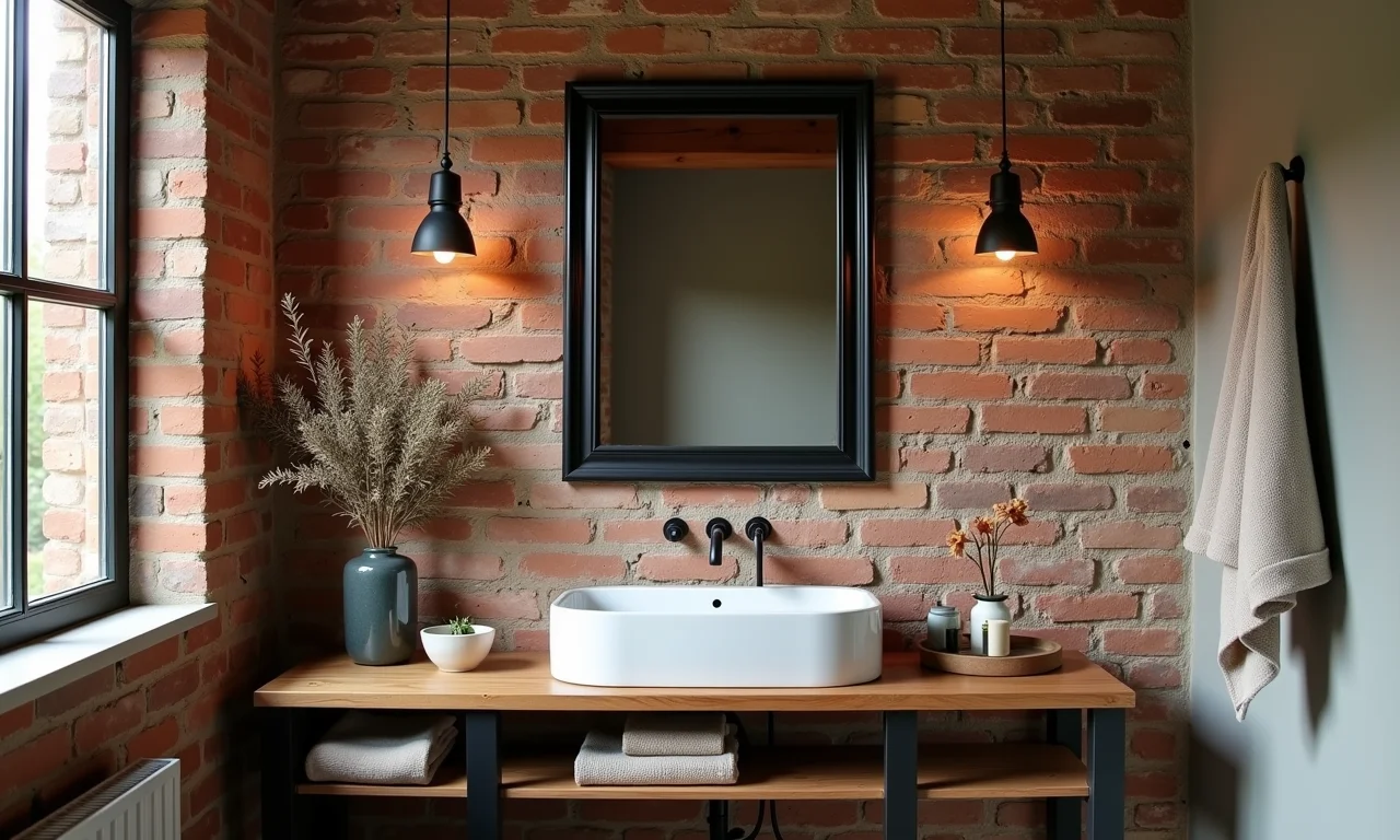 Banheiro com parede de tijolos aparentes e espelho com moldura preta.