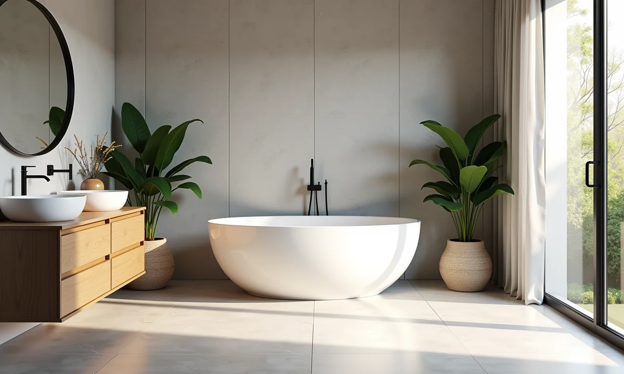 Banheiro com porcelanato acetinado e iluminação suave.