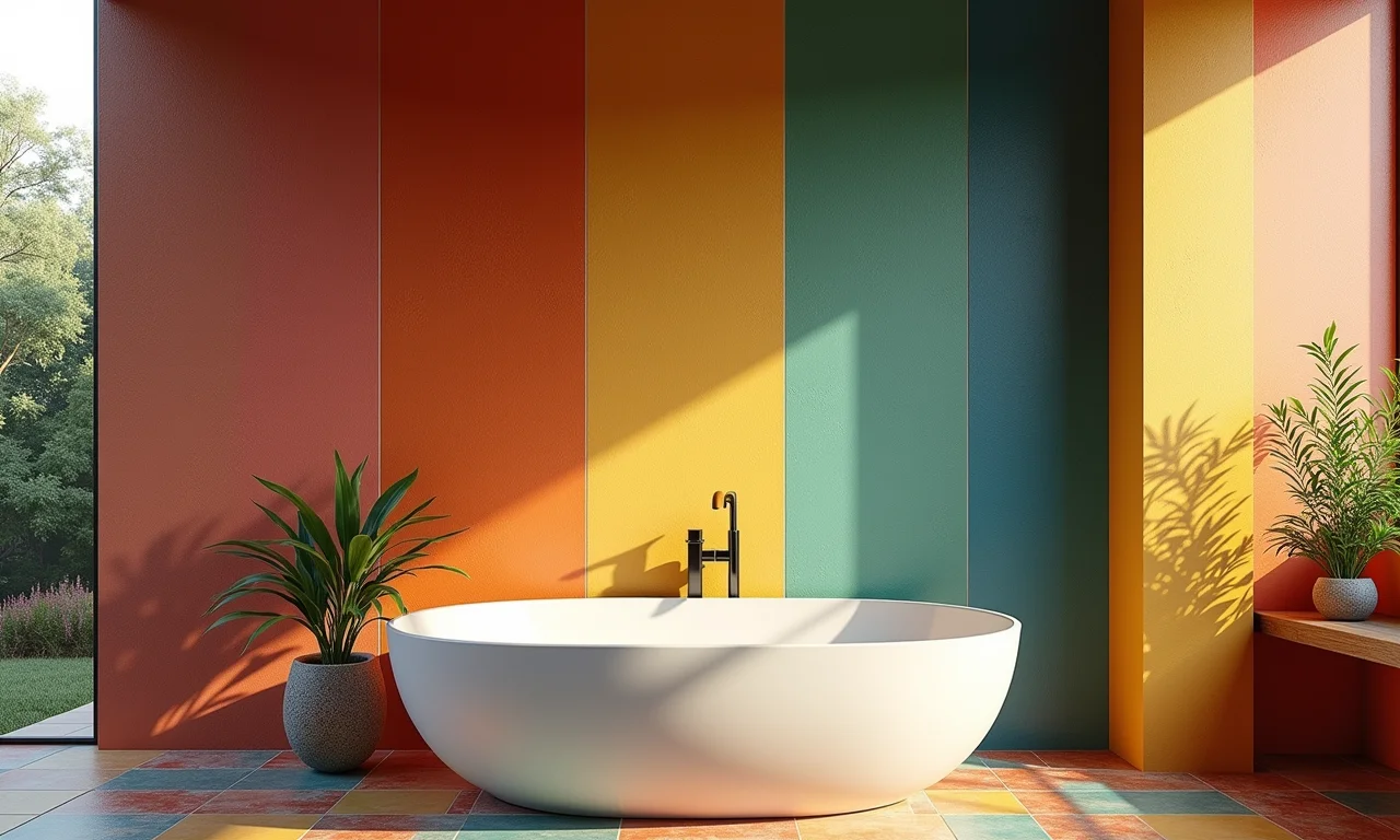 Banheiro com porcelanato colorido e texturizado.