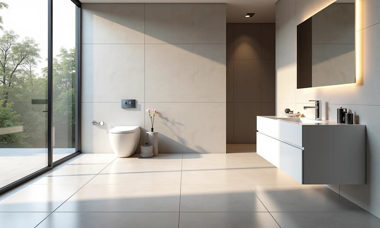 Banheiro com porcelanato de grandes formatos.