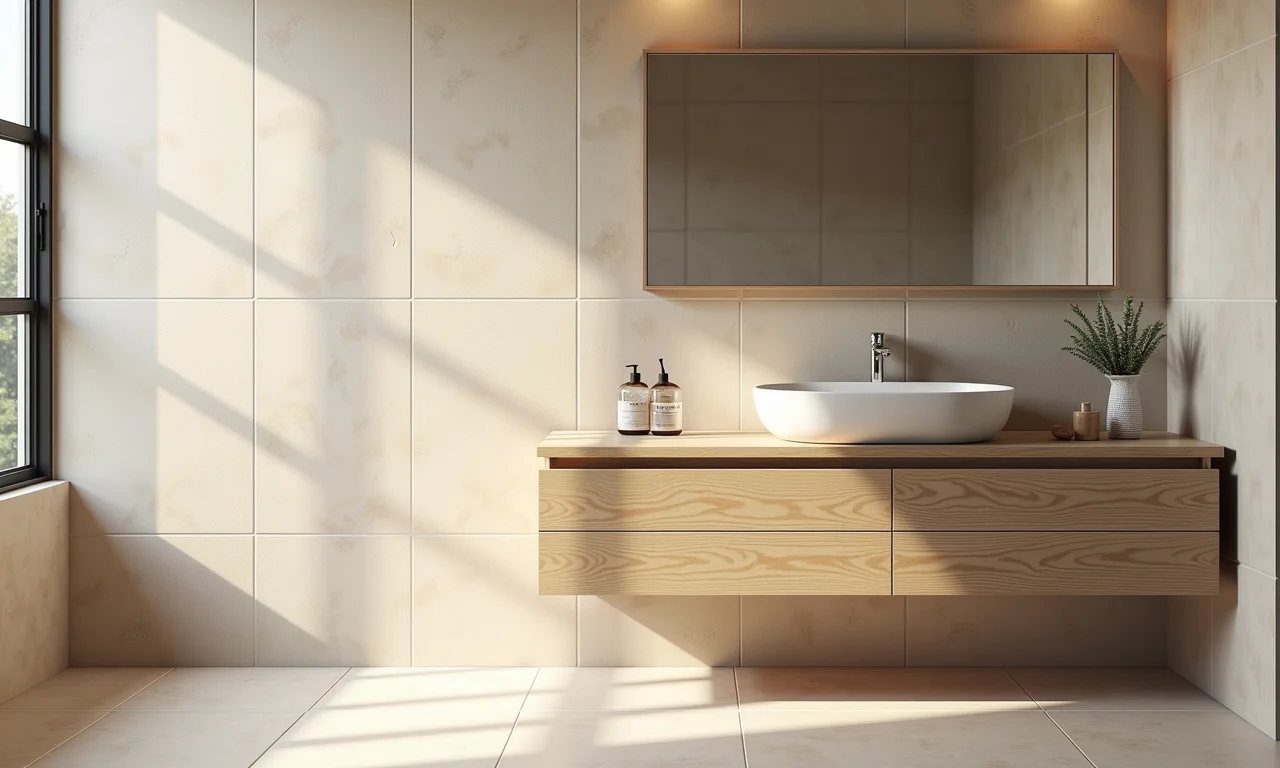 Banheiro com revestimento neutro e atemporal em tons de bege.