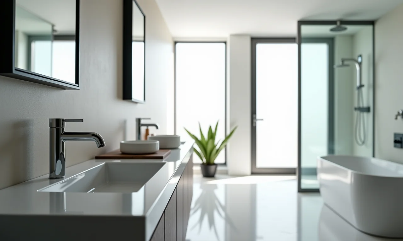 Banheiro com torneiras e duchas de design moderno.