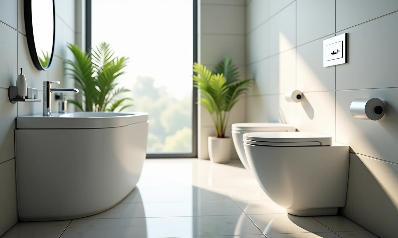 Banheiro com vasos sanitários modernos e econômicos.