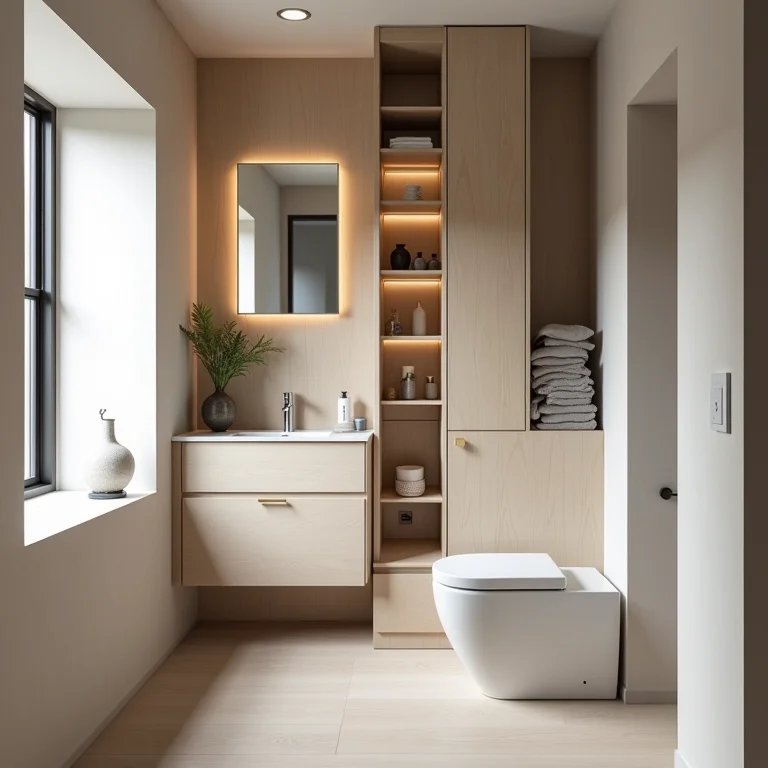 Banheiro compacto com armário que economiza espaço