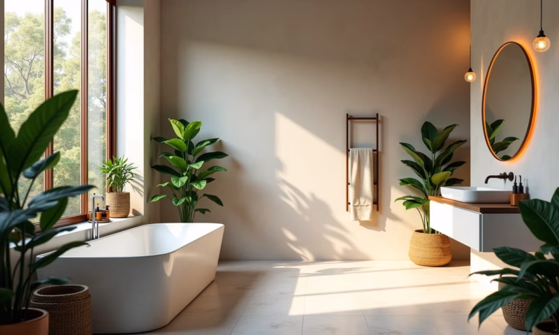 Banheiro contemporâneo com revestimento neutro, plantas e luz natural.