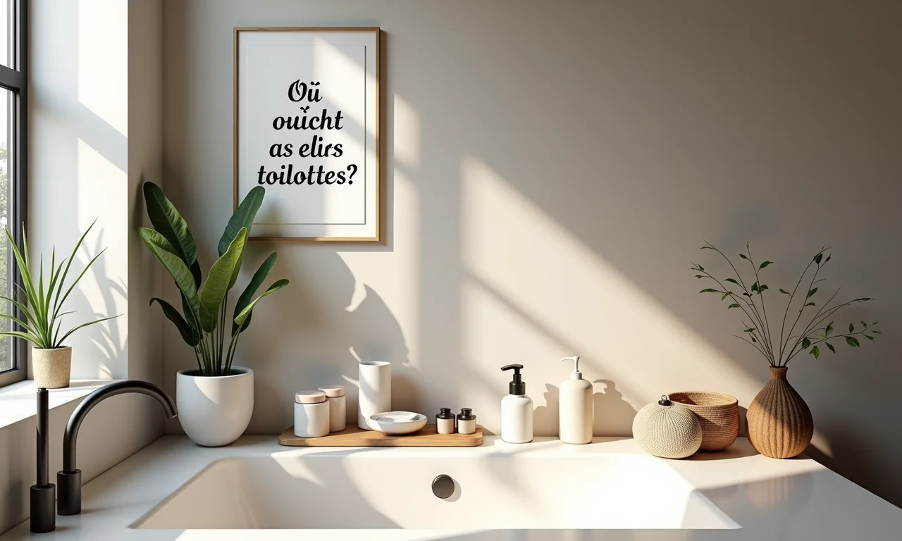 Banheiro decorado com cartaz 'Où sont les toilettes?'