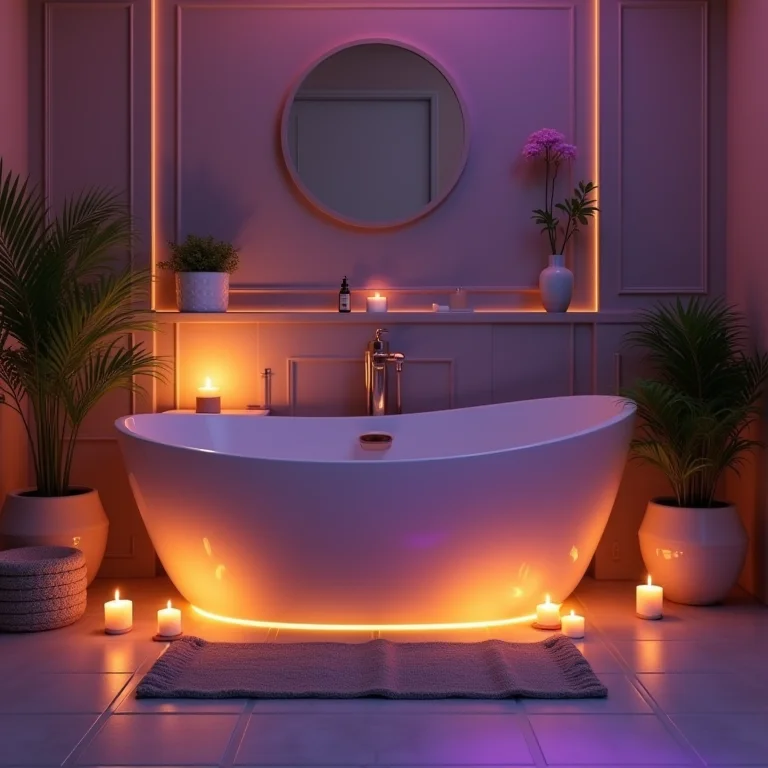 Banheiro decorado com velas, difusores e plantas, com cromoterapia suave.