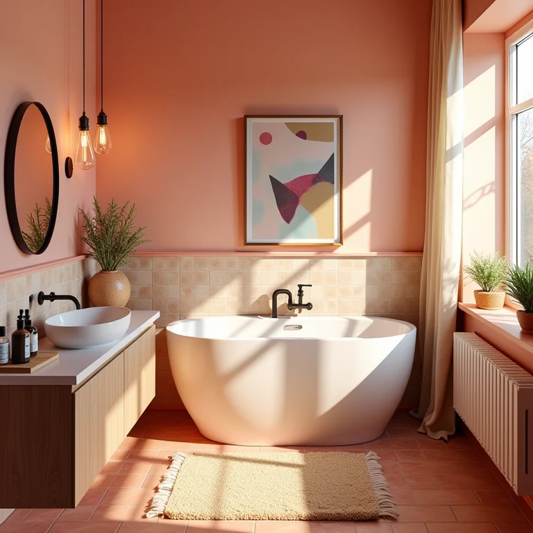 Banheiro divertido com decorações musicais inusitadas, criando um ambiente alegre.