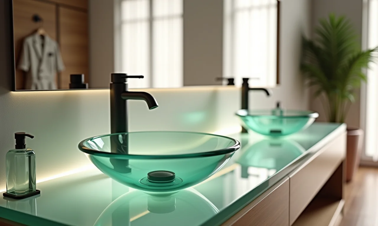 Banheiro elegante com cuba de apoio de vidro e design leve.