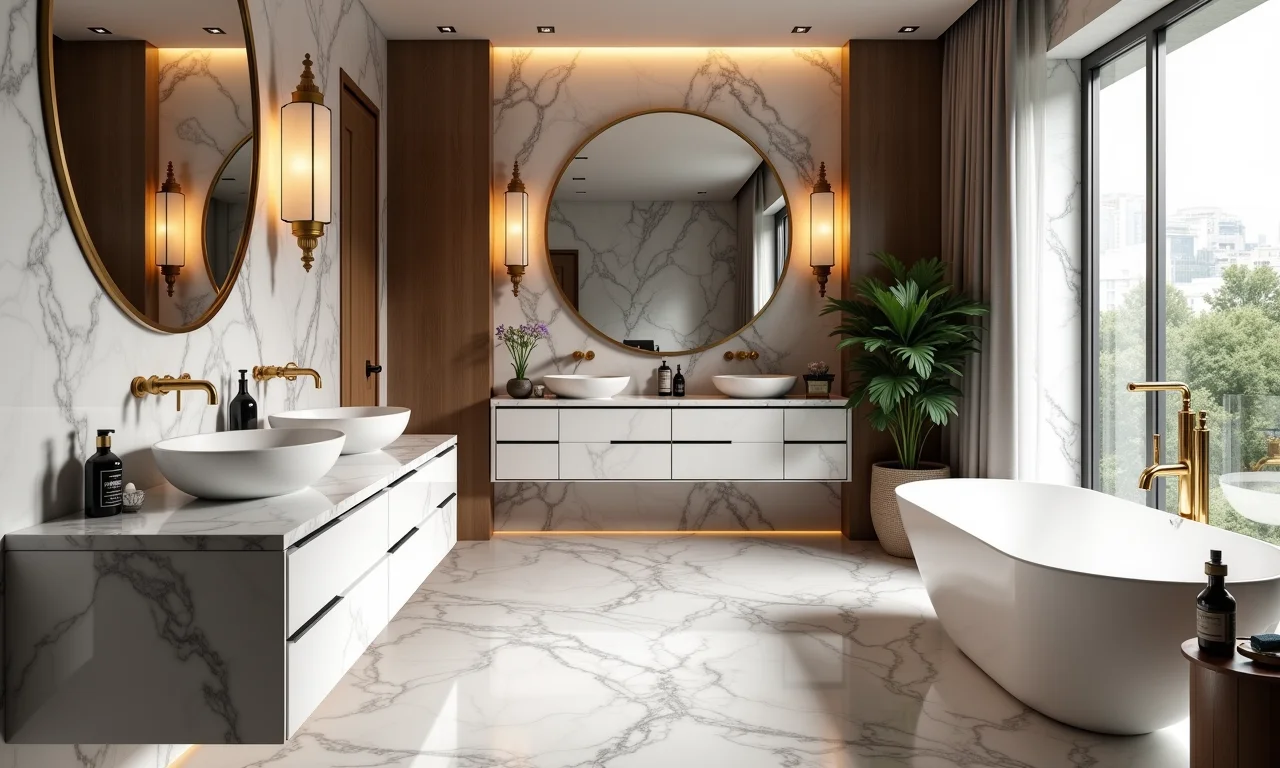 Banheiro elegante com detalhes e bancadas de mármore.
