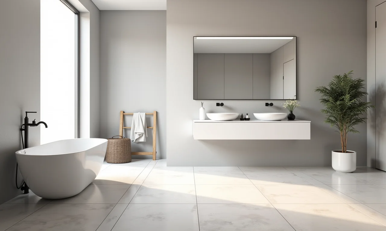 Banheiro elegante com grandes placas de porcelanato.