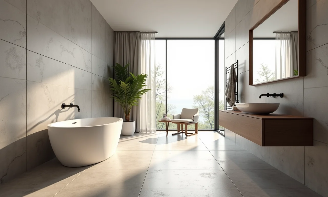 Banheiro elegante com grandes placas de porcelanato.