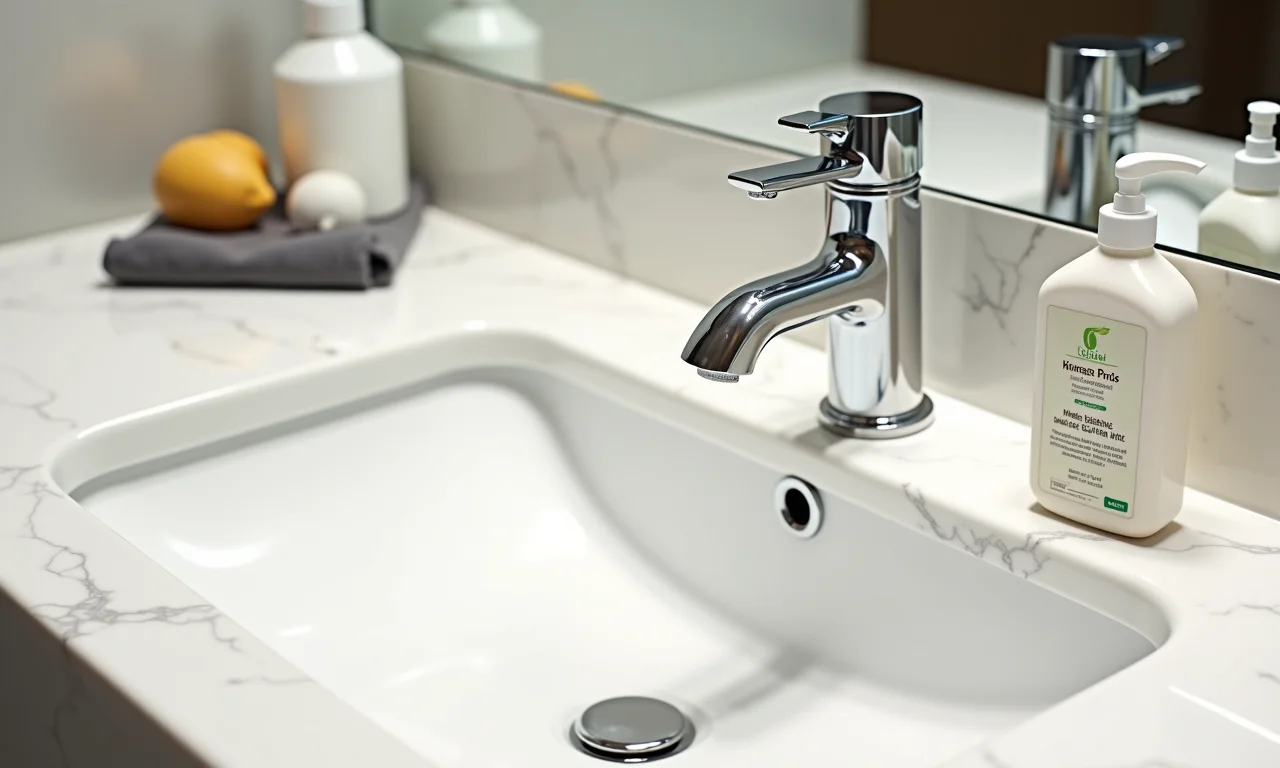 Banheiro elegante com pia de mármore manchada.