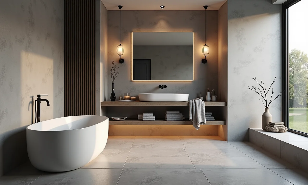 Banheiro elegante com porcelanato cinza, atmosfera relaxante e iluminação suave.