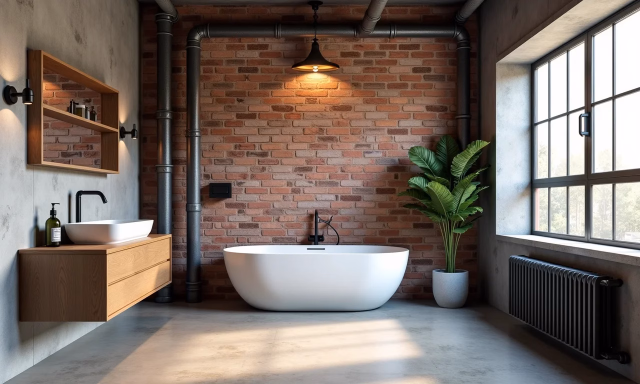 Banheiro estilo industrial com tubulação aparente e elementos rústicos.