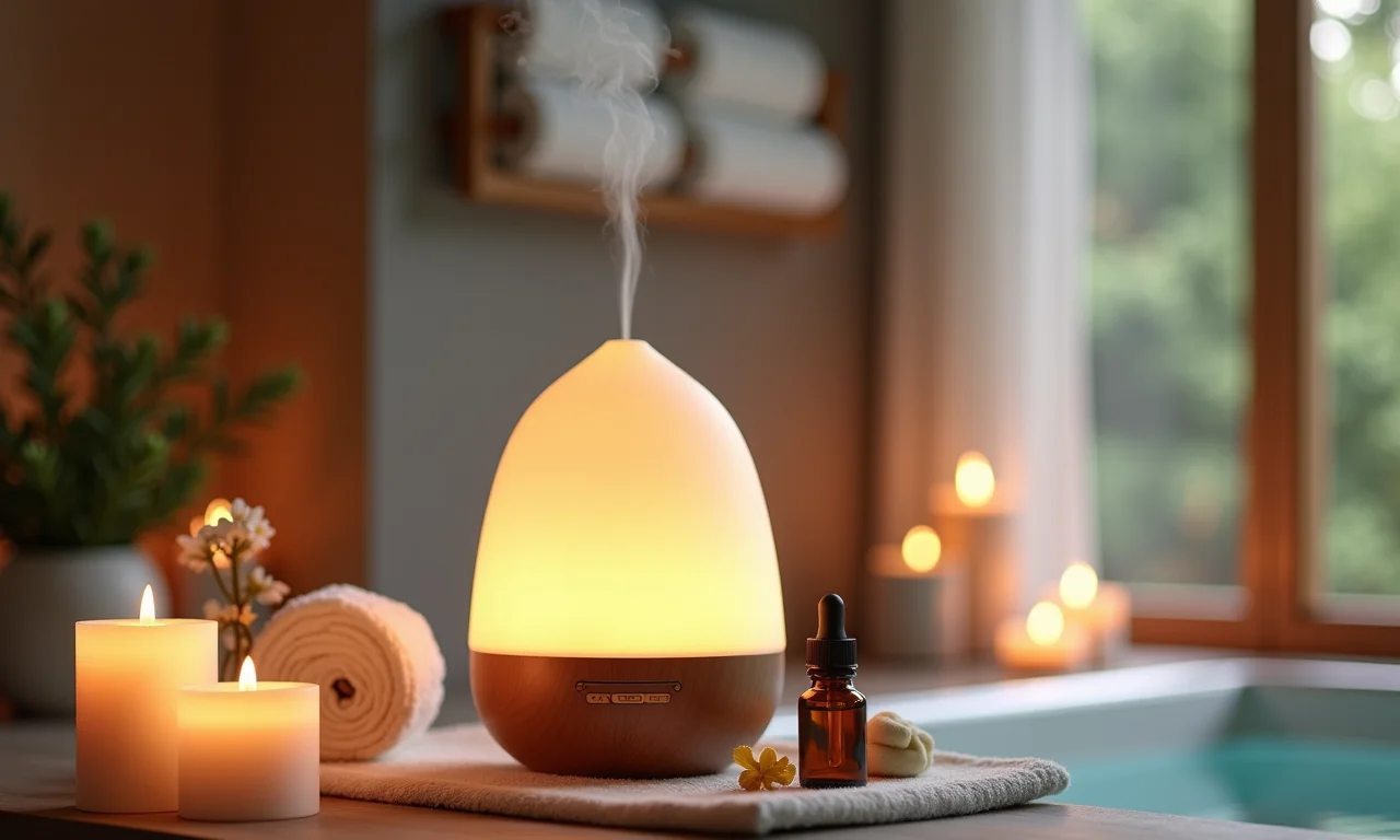 Banheiro feminino com difusor de aromaterapia para relaxar e revigorar.