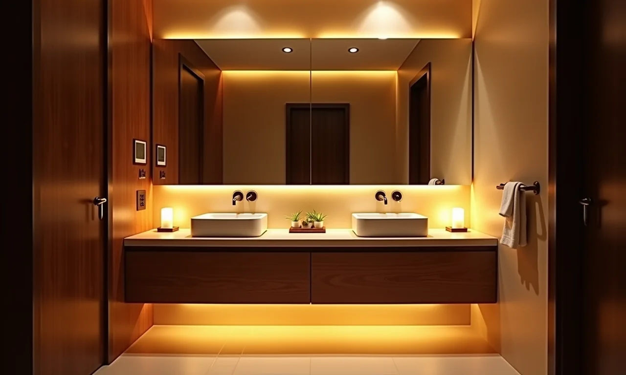 Banheiro feminino com iluminação aconchegante e detalhes em madeira.