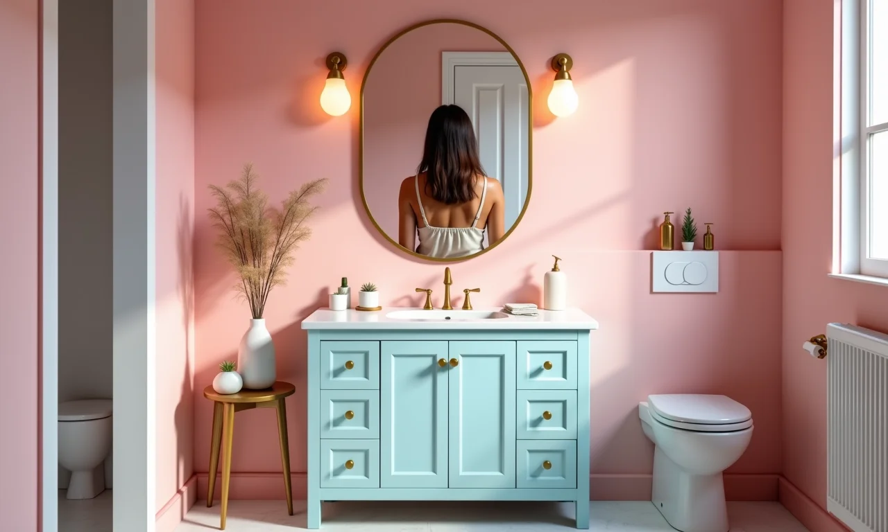 Banheiro feminino com paredes rosa pastel e acessórios delicados.