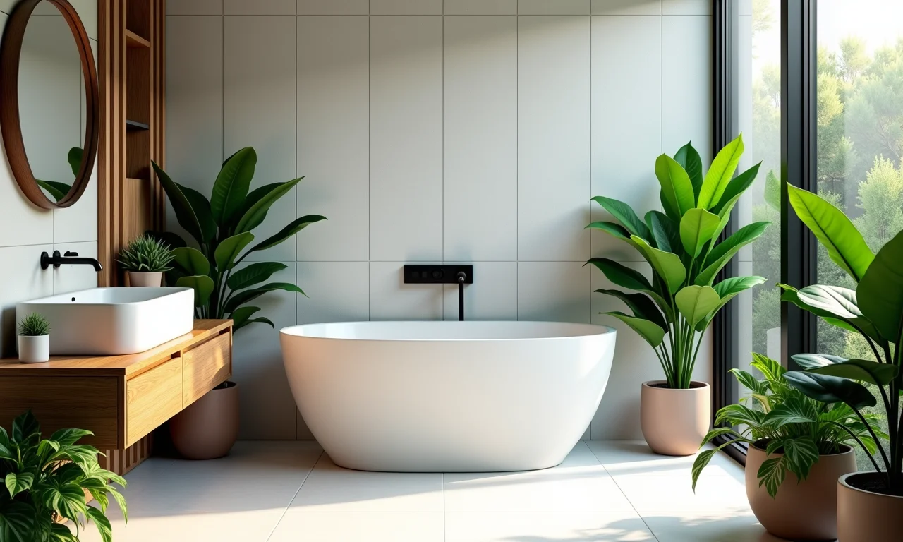 Banheiro feminino com plantas que trazem vida e frescor.