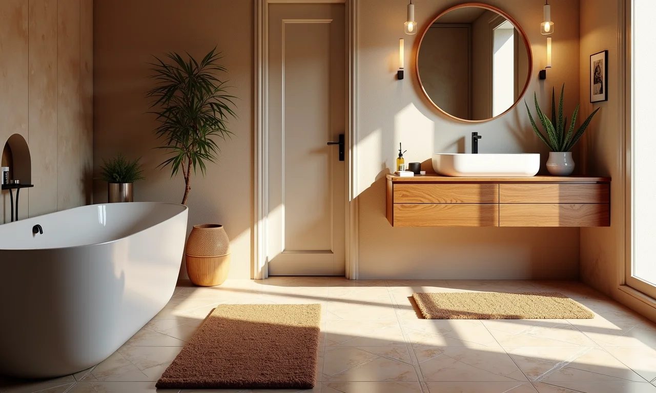 Banheiro feminino com tapetes e pisos aconchegantes.