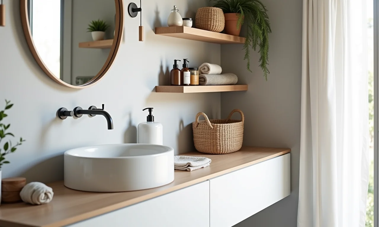 Banheiro feminino organizado com prateleiras e cestos.