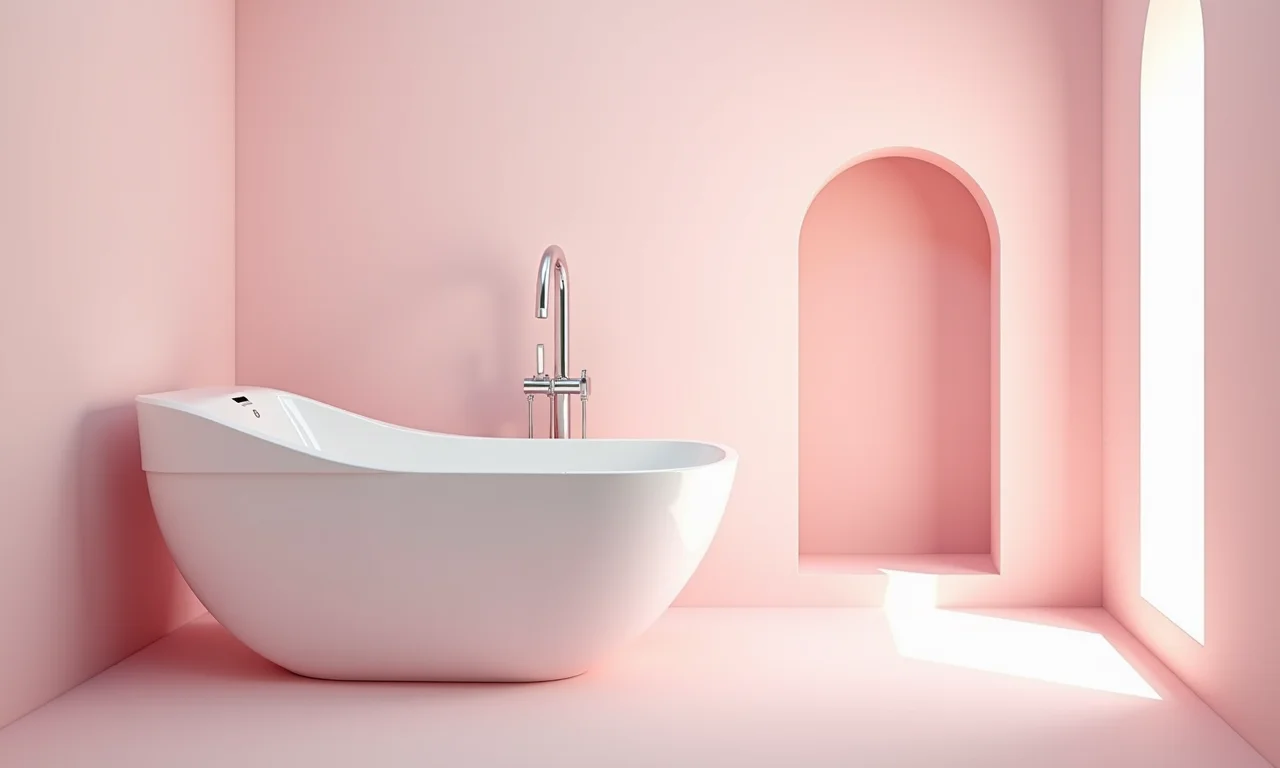 Banheiro feminino pequeno em tons de rosa.