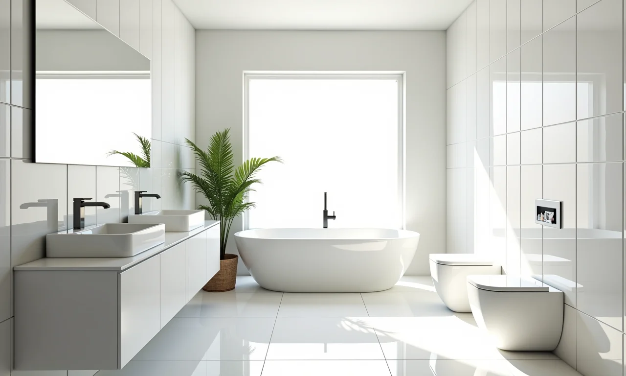 Banheiro iluminado com janela de canto que maximiza a luz natural.