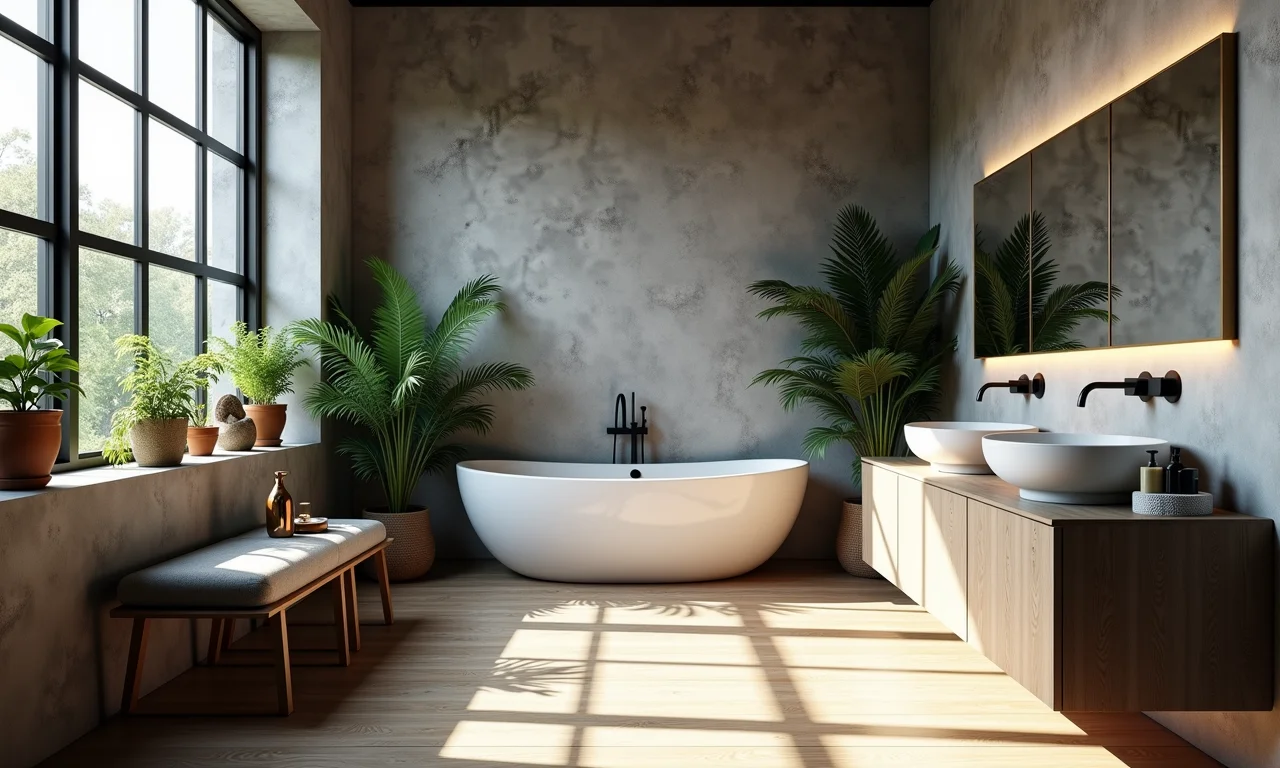 Banheiro industrial com iluminação natural e artificial.