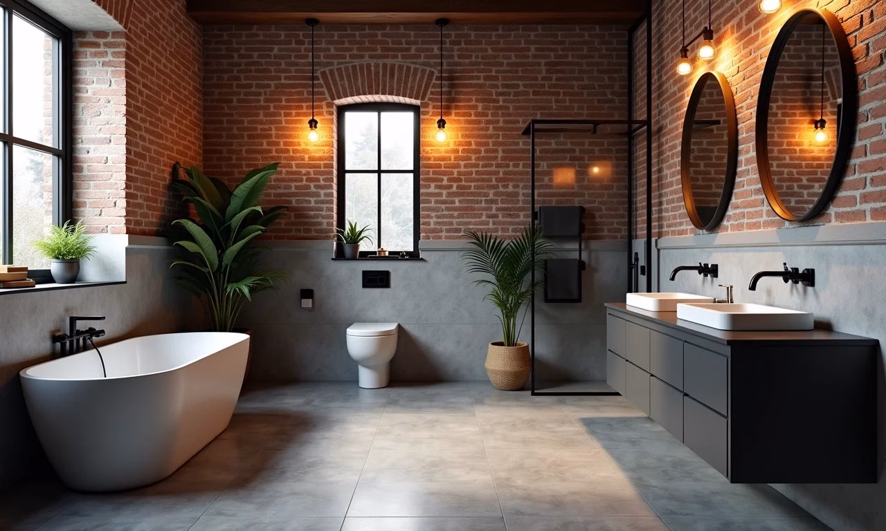 Banheiro industrial com tijolos aparentes, piso de concreto e metais pretos.