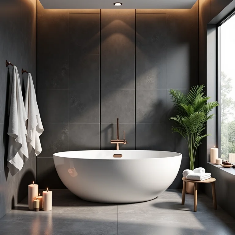 Banheiro luxuoso com azulejos cinza escuro e banheira clara
