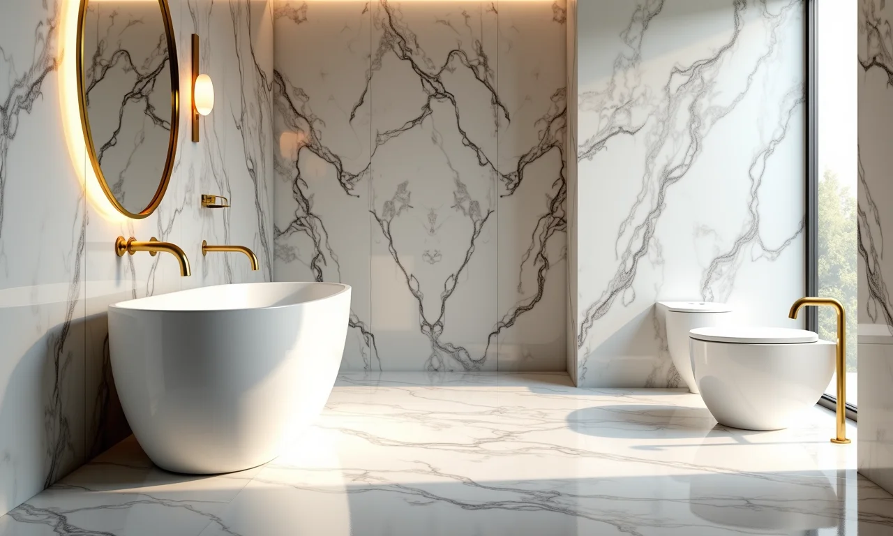 Banheiro luxuoso com paredes e pisos de mármore.