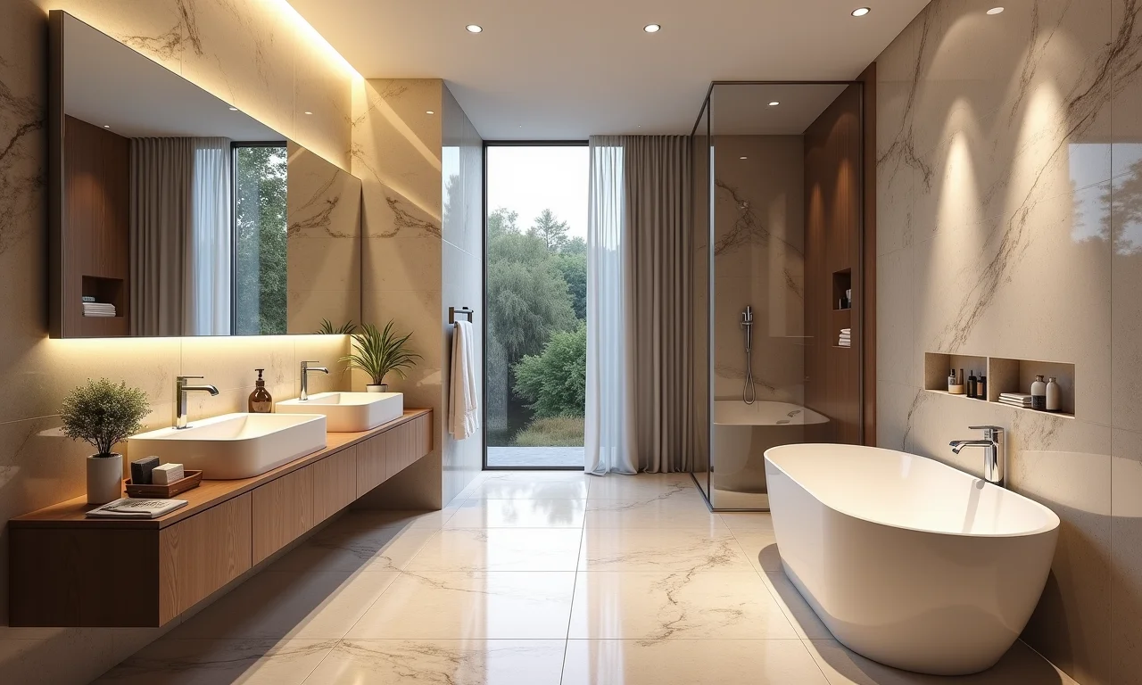 Banheiro luxuoso com porcelanato Biancogres.