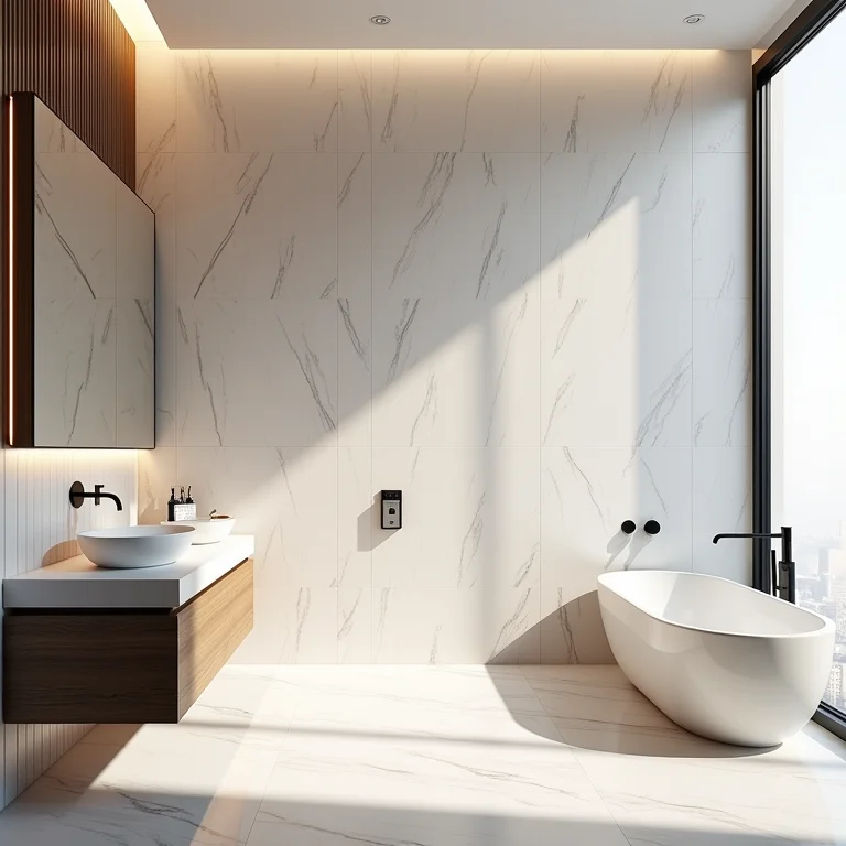 Banheiro luxuoso com revestimento 3D de cerâmica