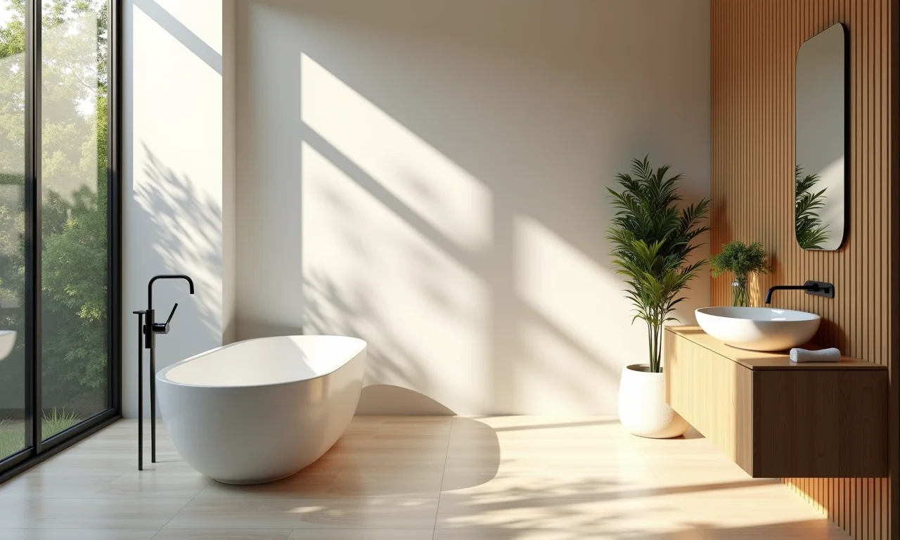 Banheiro minimalista com detalhes em bambu e iluminação natural.