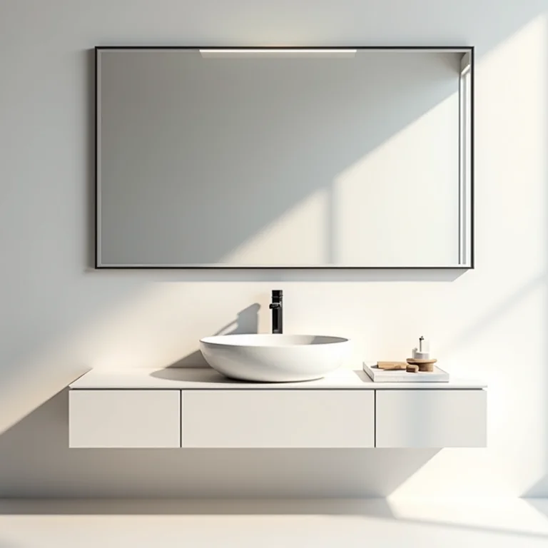 Banheiro minimalista com espelho comum sem moldura