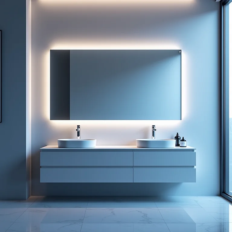 Banheiro minimalista com espelho LED de design elegante.