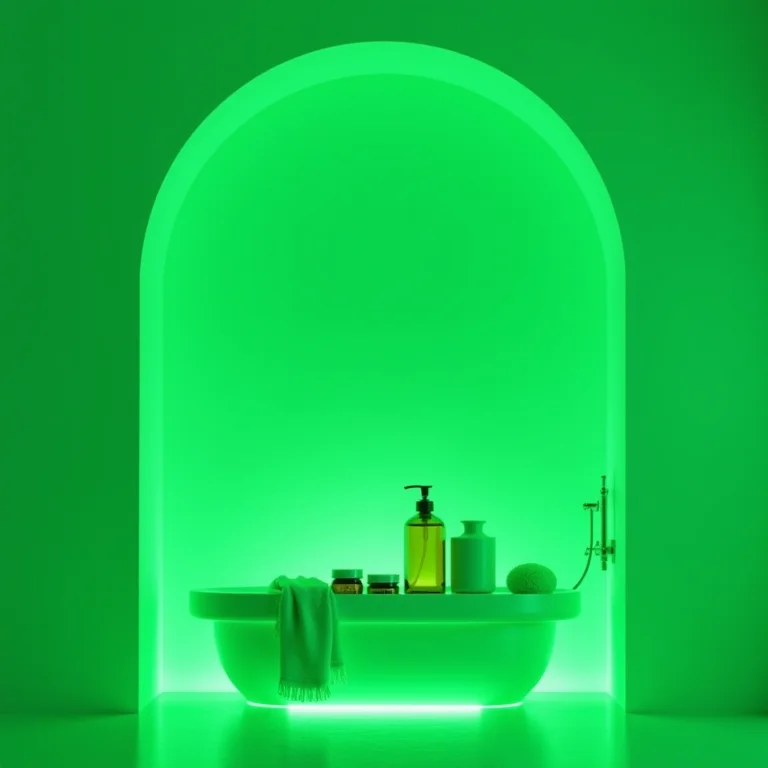 Banheiro minimalista com iluminação cromoterápica verde e produtos de bem-estar.