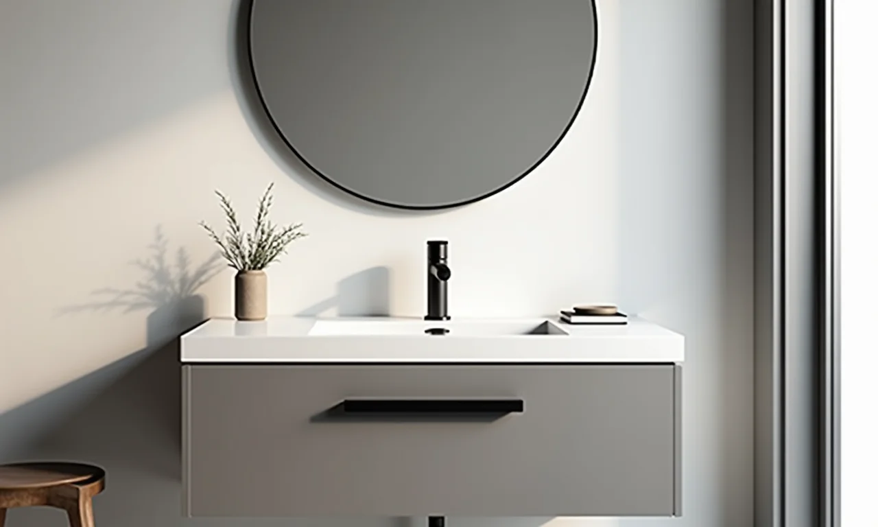 Banheiro minimalista com louças e metais de design moderno.