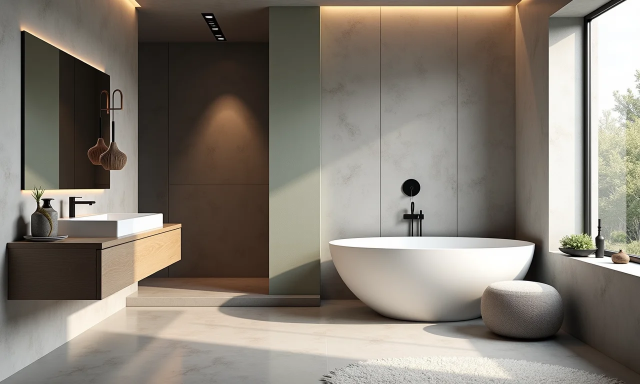 Banheiro moderno com acabamento em cimento queimado.