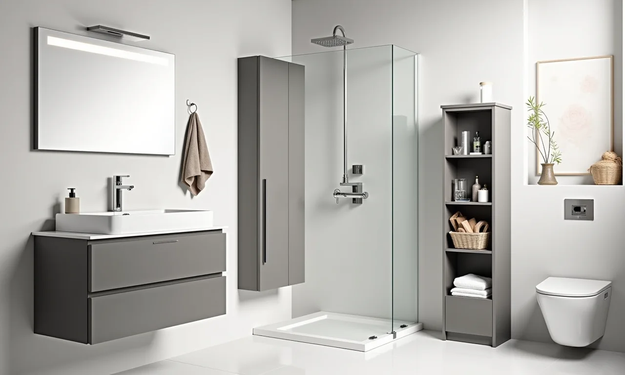 Banheiro moderno com armário de chão Cozimax.